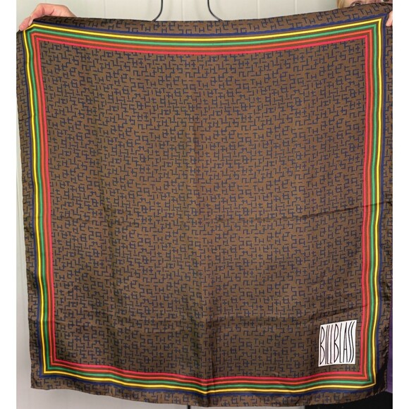 Iconic Vintage Bill Blass‎ Brown Taupe Rainbow Stripes Silk Scarf Bordered - Picture 2 of 4
